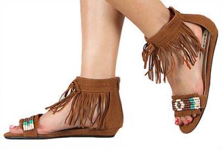 NEW Bamboo Womens Sandals Brown Roman Gladiator Fringe Ankle Strappy