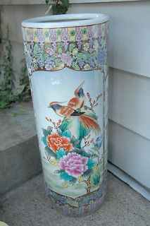 ASIAN HAND PAINTED FLOOR VASE UMBRELLA STAND BIRDS ORNATE POTTERY GOLD