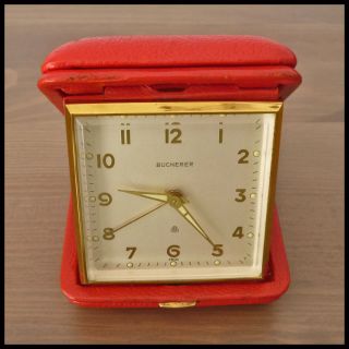 Exquisite BUCHERER [Swiss] Vintage 8 Day HW Travel Alarm Clock Red