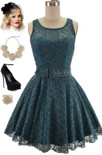50s Style TEAL Belted PINUP Ballerina Party Dress with Illusion Top