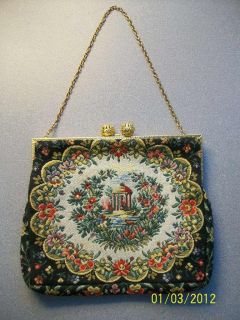 Vintage Made in France Fabric Tapestry Gazebo Handbag Chain Handle