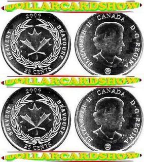 2x CANADA 2006 CANADIAN QUARTER MAPLE LEAF WAR BRAVERY 25 CENTS COINS