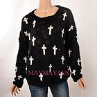 soft cotton mix open knit cross printed Black cardigans jumpers