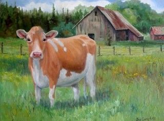 Guernsey Cow barn field ACEO print from original oil by Joy Campbell
