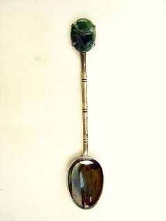 Vintage Carved Jade Oval Topped Silver Spoon   souvenir bamboo handle