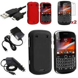 Black+Red Rubber Hard Case+2x Film+Car+Home Charger+USB For BlackBerry