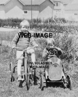 32 CUTE TWINS BOYS ON TRICYCLE BICYCLE PEDAL CAR PHOTO