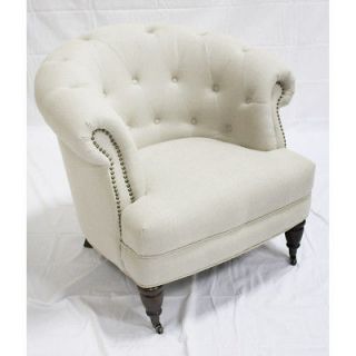 Natural White Linen Tufted Club Chair On Casters
