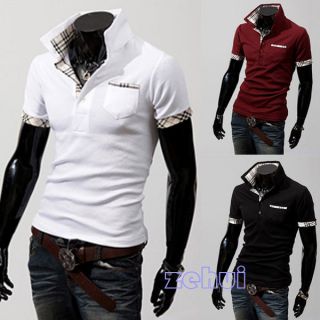 Mens Polo Shirt Plaid Stand Collar Slim Fit Casual Short Sleeve Shirt