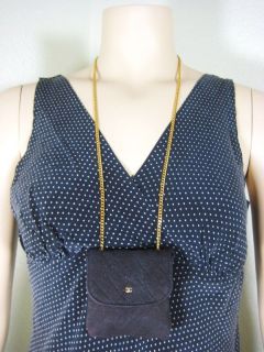 Vintage CHANEL Black Cloth Coin Pill Change Purse Necklace Chain Small