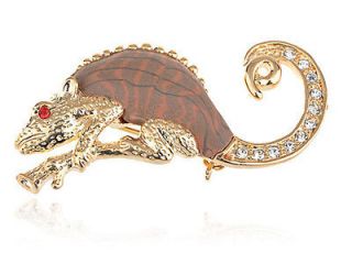 Brown Fimo Clay Body Skin Golden Chameleon Animal Costume Jewelry Pin