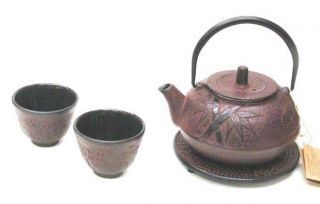 Japanese Cast Iron Teapot Tea Set Bamboo Red #TS20 06R