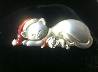 JJ VINTAGE CHRISTMAS KITTY CAT WITH A SLEEPING MOUSE WEARING SANTA