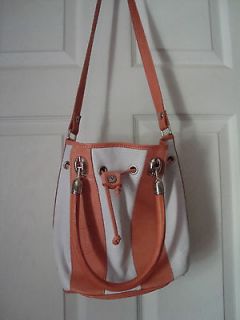 VALENTINA BY IN PELL CORAL & WHITE STRIPE ALL LEATHER BUCKET BAG