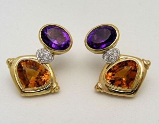 18K Yellow Gold Oval Amethyst, Shield Citrine, and Diamond Earrings