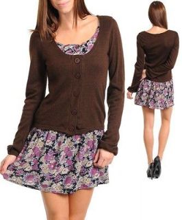 NWT FLORAL PRiNT DRESS BROWN ATTACHED CARDiGAN PiNK PURPLE YELLOW