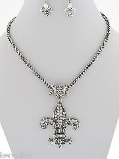 Chunky Antique Silver Tone Crystal Fleur De Lis Necklace and Earrings
