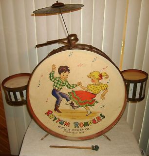 1940s Noble & Cooley Rhythm Rompers Tin Litho Childs Drum Set 2 Side