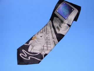 vtg Addiction Computer & Mouse w/ Cheese Novelty Black Mens Tie 