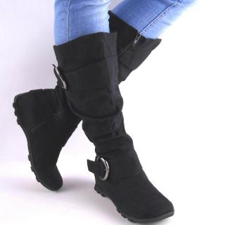 NEW BLACK TWIN BELT SLOUCH WEDGE BOOTS
