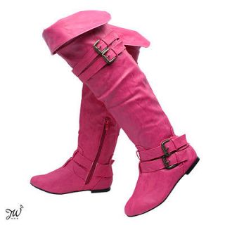 Womens Knee High Calf Faux Leather Buckle Low Heel Long Riding Boots