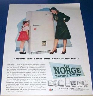 1945 NORGE Refrigerator Ad ~ cute mother / daughter ~ vintage kitchen