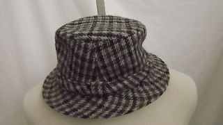 Vtg Harris Tweed Wool Bucket Hat   Blue Black Grays Plaid   Sz 7 3/8