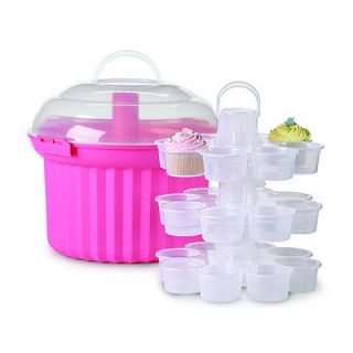 GIANT Portable PINK 24 CUPCAKE CARRIER Carousel Handle Plastic Stack