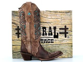 Corral Womens Brown & Turquoise Laser Tool Cowgirl Boot