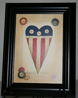 Framed 5x7 Linda Spivey Heart Flag Buttons & Stripes God Bless America