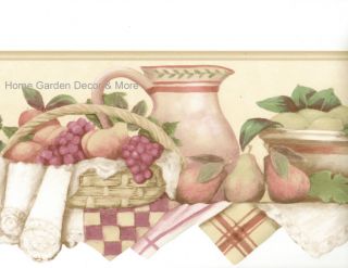 Country Kitchen Fruit Basket Pitcher Shelf Plaid Rose Pink Wall paper