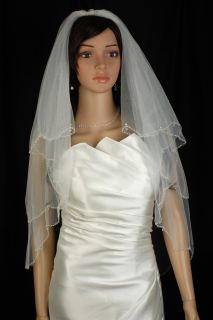 Ivory Elbow Teardrop Beaded Scalloped Crystal Edge Bridal Wedding Veil