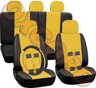 17pc Yellow Black PU Faux Leather Complete Auto Seat Cover Full Set
