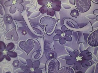 BREAST CANCER PURPLE HEARTS FLOWERS RIBBONS COTTON FABRIC FQ