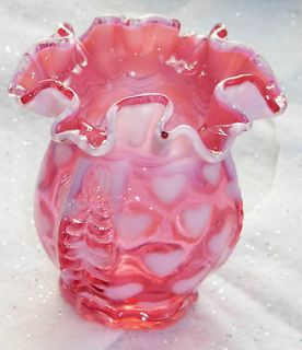 Fenton Cranberry Heart Optic Vase 4 1/4 High Valentine Hearts Perfect
