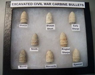 Cilvil War Carbine Bullet Collection in 5 X 6 Display Case   CS & US