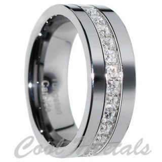 8mm Tungsten Carbide PRINCESS Cut CZ Men Women Wedding Band Ring Size