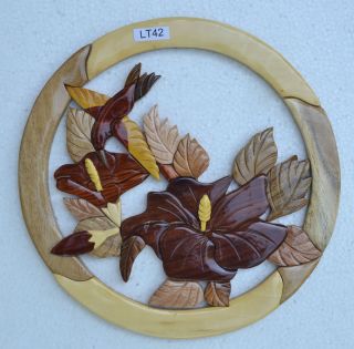 LT42 # Hummingbird & Flowers Intarsia Wood Art   Wood Decor   Wall
