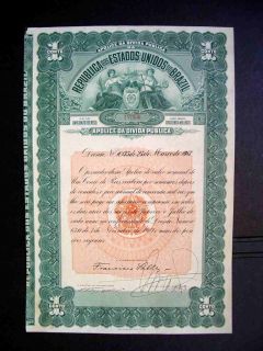 United States of Brazil 1913 Apolice Da Divida Publica 1 Conto Bond