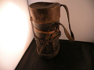 Old African wood & leather bucket, grain box, storage container with