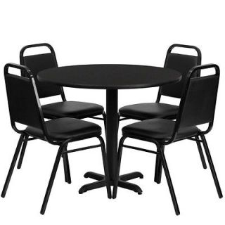 36 Round Black Dining Table with 4 Black Trapezoidal Back Banquet