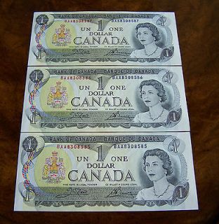 1973 Canadian One Dollar $1 bills banknote 3 consecutive numbers