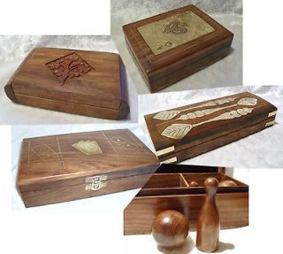 Hand Carved Wood WOODEN BOX Skittles Cards Dominoes Darts Games