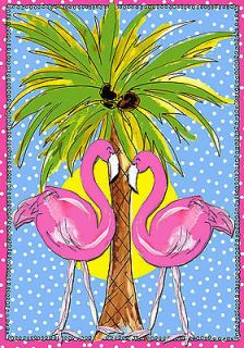 Flag   Moon light and 2 pink Flamingos with polka dot background