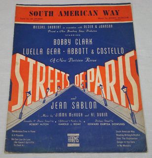 1939 SOUTH AMERICAN WAY/Sheet Music/ABBOTT & COSTELLO/Streets of Paris