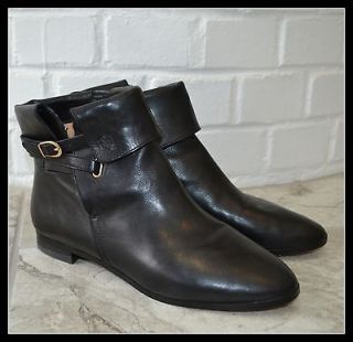 MASSIMO DUTTI BLACK LEATHER ADJUSTABLE WRAP BELTED FOLDED ANKLE BOOTS