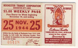 NOVEMBER 1944 ROCHESTER NY TRANSIT CORP CITY LINES PASS