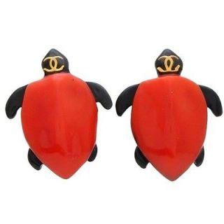 Authentic vintage Chanel earrings CC logo turtle red plastic COCO #