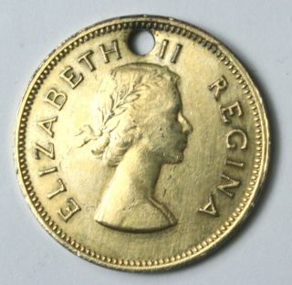 VINTAGE 1960 COIN   ELIZABETH II REGINA   SOUTH AFRICA 1/2 D   Drilled