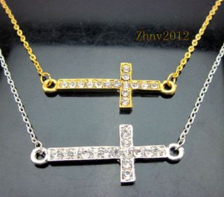New Silver & Gold Plated Crystal Sideways Cross Long Necklace .ZN160